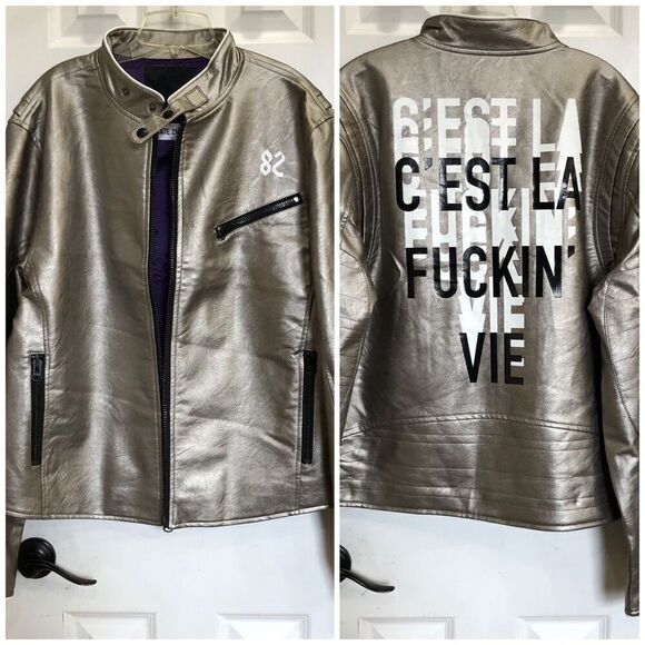 CREATE 2MRW -🎉HP🎉NWT -M Sz XL - 82 C'Est La Vie Silver Faux Leather Biker Jacket - Picture 3 of 16